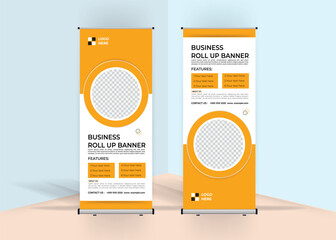 Roll up banner stand template design, advertisement, pull up, polygon background, business flyer, display, x-banner, flag-banner