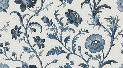 Elegant vintage floral pattern with blue flowers on a light background for wallpaper.