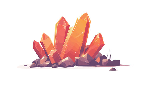 Digital illustration depicting a cluster of orange and red low-poly style crystals resting on a bed of dark grey rocks. The crystals are rendered with sharp facets and a gradient of color