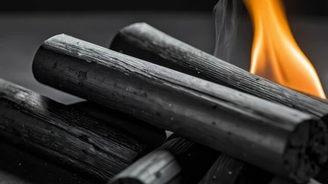 Close-up of burning charcoal briquettes with flame, emitting smoke and heat, prepared for grilling or cooking food on an outdoor barbeque