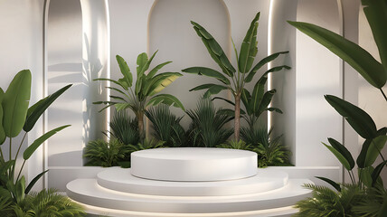 White podium with tropical plants for cosmetic product display. 3D render of a minimalist stage with natural light