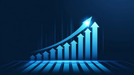 Financial growth concept with glowing arrows on a dark blue technology background