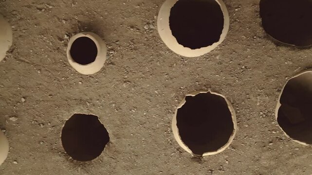 Aerial top down view Clay wine vessels embedded in earth beneath wooden shelter at Armaziskhevi site, part of an ancient wine making cellar in Mtskheta region, Georgia