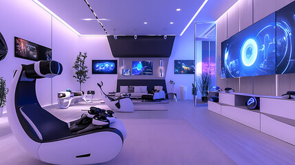 Modern Gaming Room with Futuristic Design and Interactive Displays