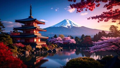A serene landscape captures Mount Fuji rising majestically behind a traditional pagoda, framed by blooming cherry trees, reflecting in the calm water on a peaceful day.