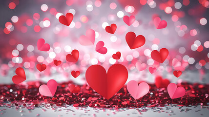 Romantic Valentine's Day background with floating paper hearts and bokeh lights