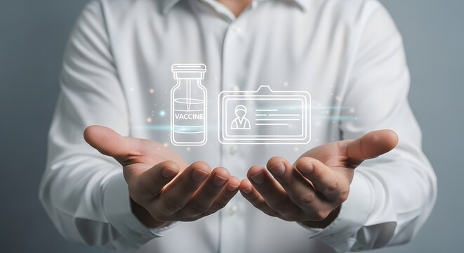 A person displays a digital vaccine vial and health passport representing healthcare technology and immunization records. - Powered by Adobe