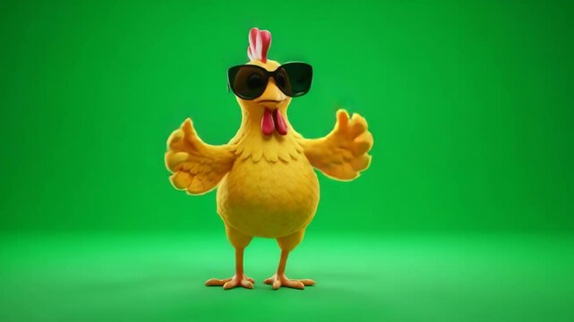 Cool Chick: 3D Animated Chicken Character on Green Screen - A cheerful, 3D-video cartoon chicken wearing sunglasses spreads its wings in a welcoming gesture against a bright green screen background.