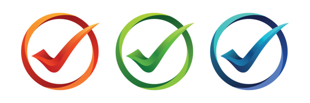 Set of three modern check mark logos in gradient orange, green and blue on white background