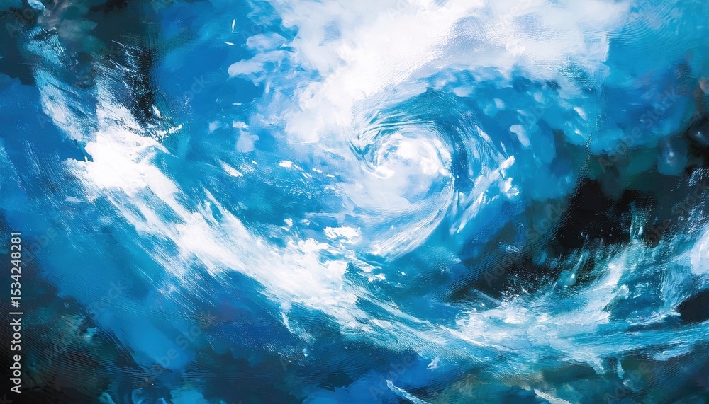 Poster vivid abstract whirlpool in deep blue and white resembling turbulent ocean current with fluid textur