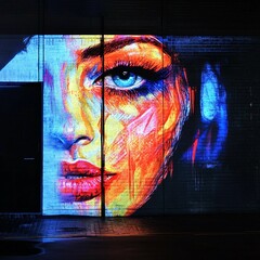 Fototapeta premium Graffiti street art merging with augmented reality projections, urban night setting, bold and colorful style