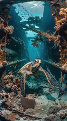 Sea Turtle Exploring an Underwater Shipwreck Amid Coral Reefs and Marine Life