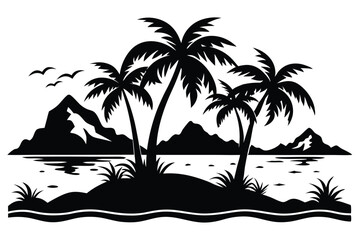 Tropical Island Silhouette with Palm Trees, Mountains, Ocean and Birds Flying Above