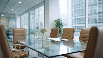 Modern office meeting room with glass table and leather chairs, conveying professionalism and corporate efficiency.
