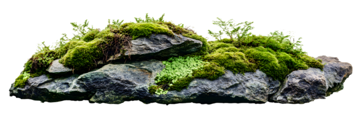 Moss-covered rock with lush green texture, natural stone surface, vibrant moss growth, earthy tones, isolated on white background, isolated on transparent background, png