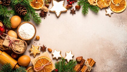 Fresh ingredients for baking holiday gingerbread cookies arranged with festive decorations on a beige surface create a warm and inviting Christmas atmosphere.