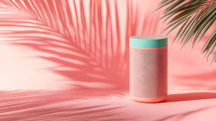 Stylish modern speaker with pink and teal accents surrounded by palm leaves and shadows