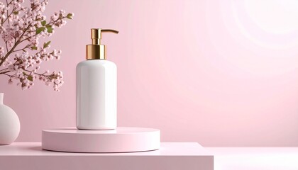 A clean white pump bottle with gold accents is displayed on a pink pedestal with soft lighting and floral decorations against a pastel pink background for product mockup.