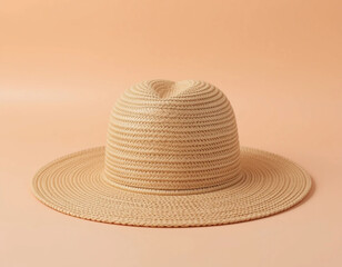 Sandy beige straw hat on soft peach background