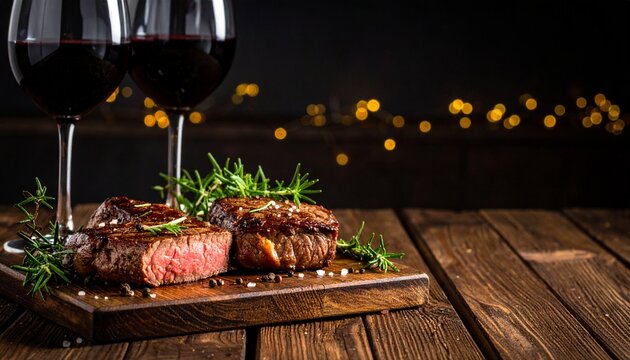 Two glasses of red wine accompany perfectly grilled steak cuts presented on a wooden board with rosemary sprigs, against a blurred festive background at night.