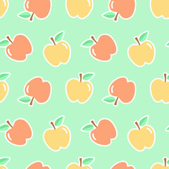 Cartoon seamless pattern of yellow apples isolated on green background.