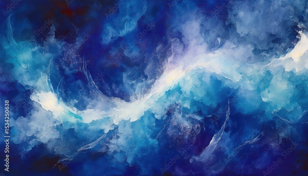 Poster ethereal abstract swirl of luminous blue and white clouds with star-speckled texture on dark cosmic 