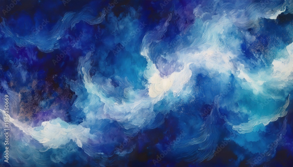 Poster ethereal abstract swirl of luminous blue and white clouds with star-speckled texture on dark cosmic 