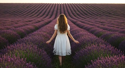 Woman in White Dress Walking Through a Lavender Field at Sunset