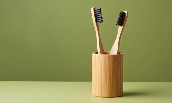 Two organic toothbrushes in a wooden cup on a green background.