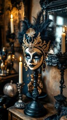 Obraz premium Elegant Gothic Halloween Mask on Pedestal with Candles and Decor