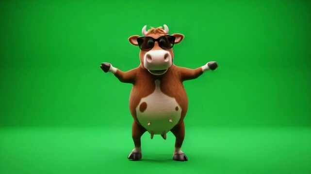 Cool Cow Dancing on Green Screen - A cheerful, cartoon cow wearing sunglasses dances against a bright green screen.