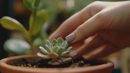 Woman's hand gently touching a vibrant succulent plant in terracotta pot