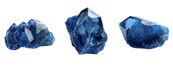 Three blue gemstone crystals, isolated on black background.