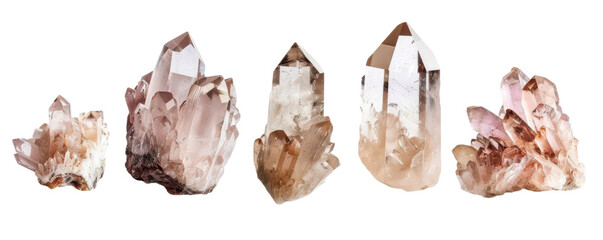 Five clear quartz crystals with a smoky brown color, arranged in a row.