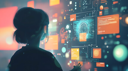 A person interacts with a futuristic digital interface displaying various data and holographic elements.