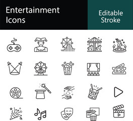 Entertainment icons isolated on white background, editable stroke