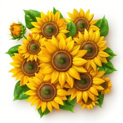 Fototapeta premium Vibrant and Cheerful Sunflower Arrangement with Fresh Green Leaves and a Bud in a Bright Floral Display