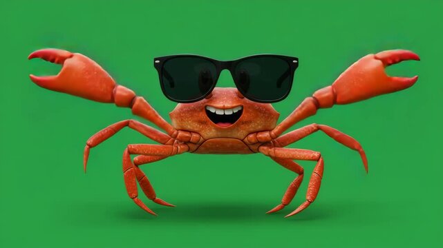 Cool Crab Wearing Sunglasses on Green Screen - A cheerful, cartoon-style crab wearing black sunglasses is shown against a bright green background.