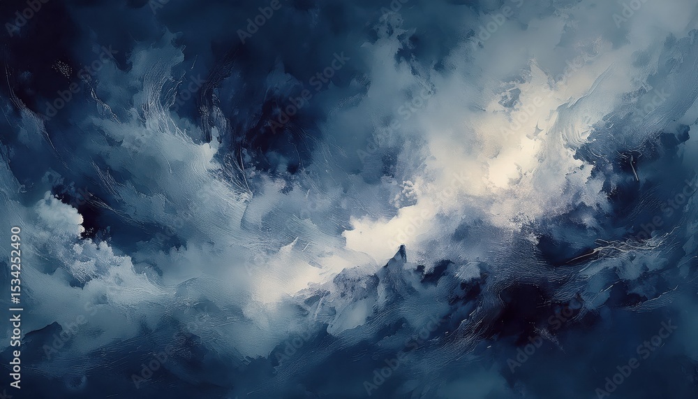 Poster ethereal deep blue abstract cloudburst painting with dynamic stormy textures and white light contras