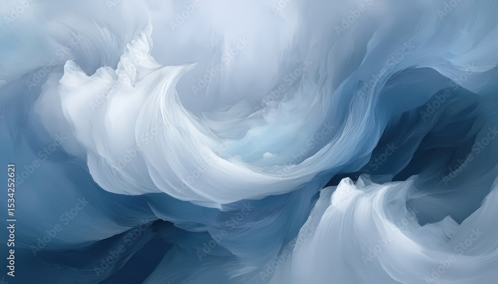 Poster ethereal white and blue abstract wave motion in fluid texture painting with soft flowing curves and light gradients for modern web design, print art, or branding background

