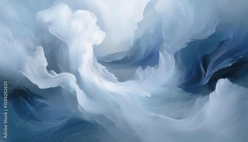 Poster ethereal white and blue abstract wave motion in fluid texture painting with soft flowing curves and light gradients for modern web design, print art, or branding background

