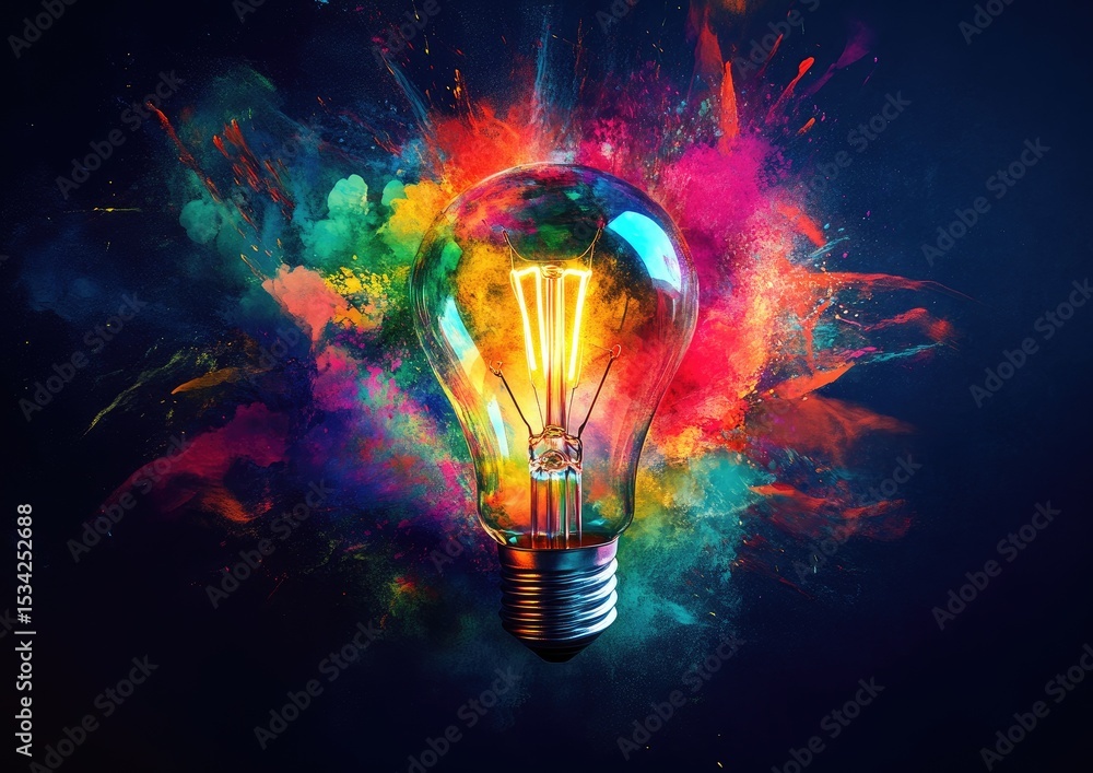 Poster colorful lightbulb exploding with vibrant colors