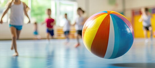 Fototapeta premium Children running in a gym with a colorful beach ball
