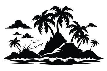 Black Silhouette Tropical Island with Palm Trees, Clouds, Birds and Waves Illustration