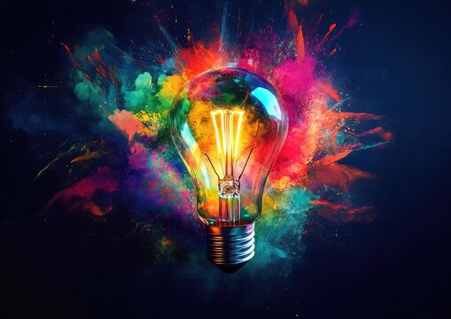 Colorful lightbulb exploding with vibrant colors - Powered by Adobe