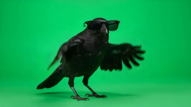 Cool Crow with Wings Spread on Green Screen - A black crow wearing sunglasses spreads its wings wide against a bright green screen background.