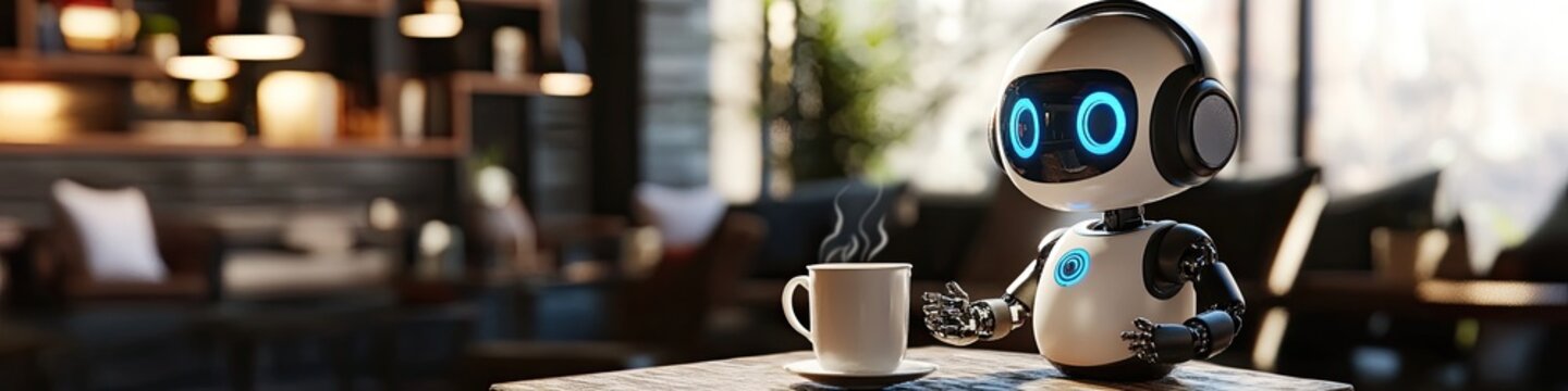 Cute robot enjoying a coffee in a cozy cafe