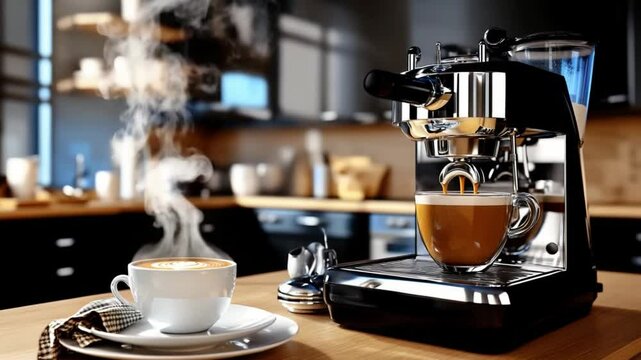 An espresso machine in kitchen environment with hot coffee - Powered by Adobe