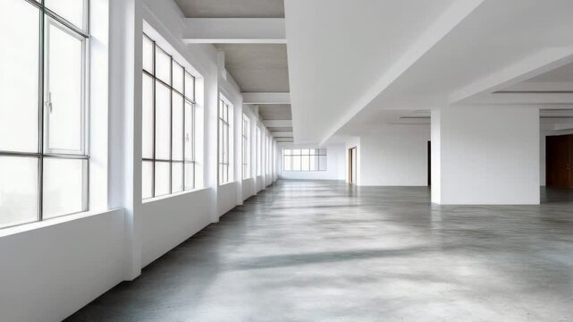 Bright, spacious interior featuring large windows and a polished concrete floor, ideal for creative design mock up and showcasing versatility