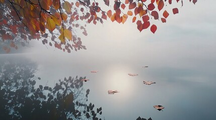 Enchanting autumn reflections of leaves in foggy water landscape scenery